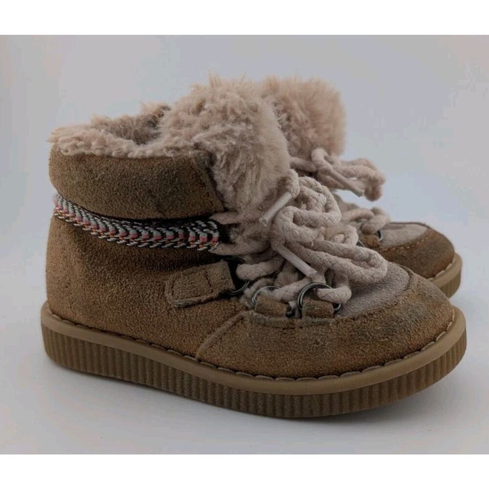 Zara Baby UK 20 US 4.5 Moccasin Lace Up Suede Boot Tan Fur Lining
